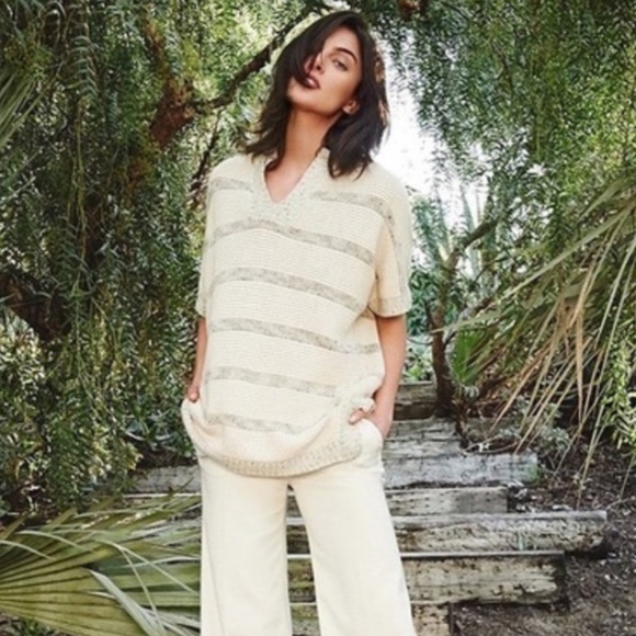 VINCE Speckle Stitch Popover Sweater Top Tunic Cream Stripe S/S sz S EUC! - Picture 1 of 8